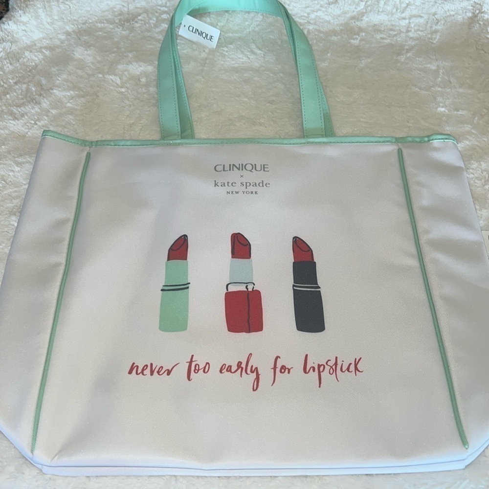 NWT Kate Spade x Clinique “Never Too Early For Lipstick” White/Green Large Tote